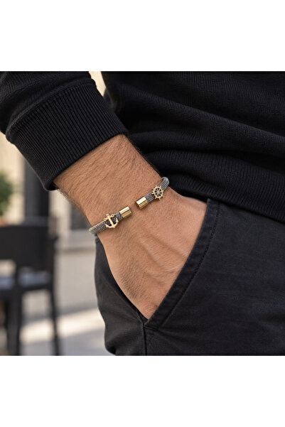 simurg jewellery Gümüş Çapa Dümen Sembollü Beyaz Çelik Bileklik