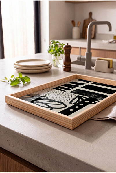 Zevahir Home Black and White Block Line Patterned Natural Wood Framed Rectang...