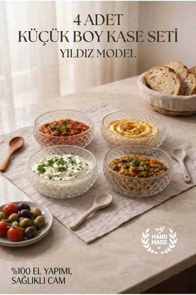 GİNZAMAİSON El Yapımı Cam, 4'lü Set Küçük Boy Yıldız Model Meze Kasesi - Kase...