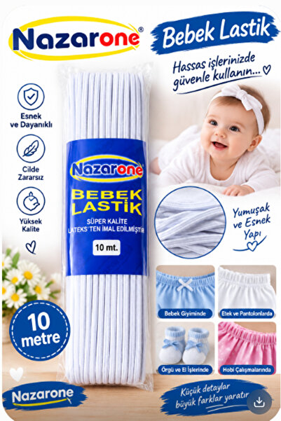 Kezban Tekstil NAZARONE Beyaz Bebe Lastiği Bel Paça Lastiği 10 Metre