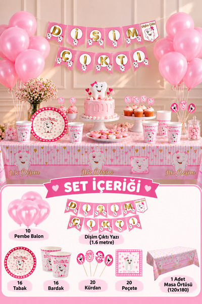 Parti dolabı 16 Kişilik Pembe Ilk Diş Buğdayı Kız Parti Seti Süsleme Paketi