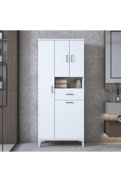 Rani Mobilya Rani KC122 Banyo Dolabı Düşer Kapaklı Raflı Çekmeceli Çamaşır Sepeti Bölmeli Çok Amaçlı Dolap Beyaz