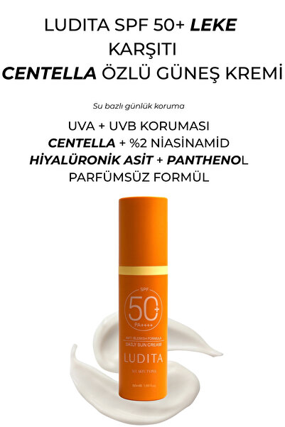 LUDITA Centella Özlü SPF 50+ SPF Güneş Kremi – Leke Karşıtı, Yüksek Korumalı & Su Bazlı
