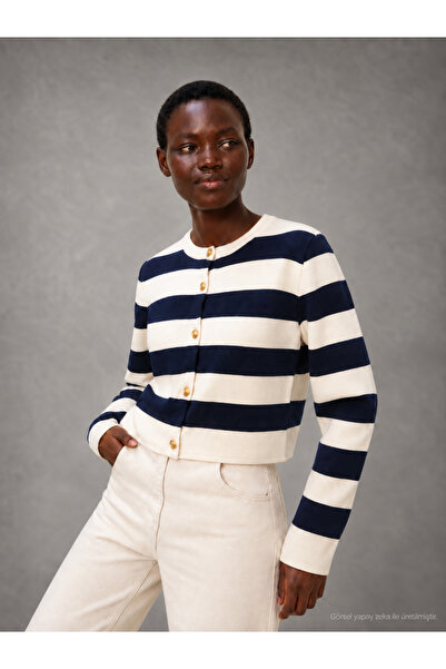 gozdefashion Women's Gold Button Detailed Steel Knitted Striped Cardigan