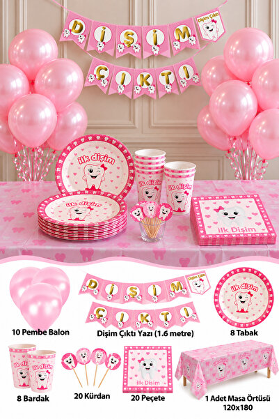 Parti dolabı Pembe İlk Diş Buğdayı Kız Parti Seti Süsleme Paketi 8 Kişilik