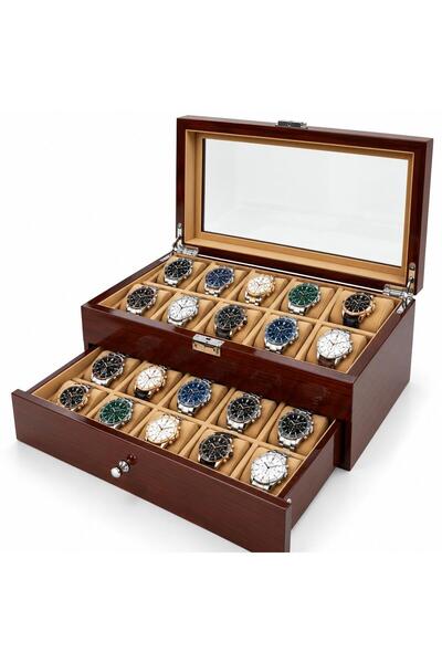 STAND MARKET 20-Piece Mahogany Imported Watch Box with Drawers – Glass Lid, I...