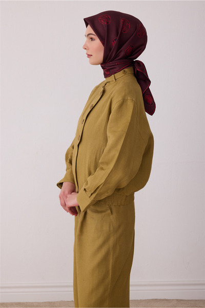 Belli Bordo Geometrik Desen %100 Twill İpek Eşarp 4427-31