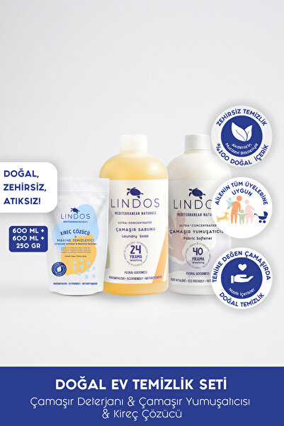 Lindos Doğal Ev Temizlik Seti - Çamaşır Deterjanı & Çamaşır Yumuşatıcı & Kire...