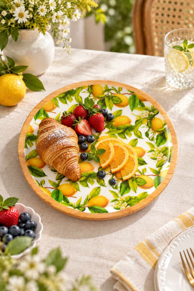 Tohana Doğal Mango Ağacı Servis Tabağı 25 cm Limon Desenli – Ahşap Sunum Taba...