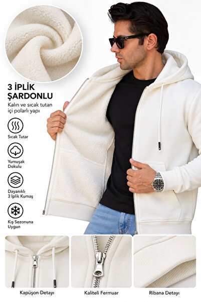 FR Franco Renzo Men's Hooded Full-Zip Sweatshirt with Inner Lining and 3-Yarn Cotton Fabric