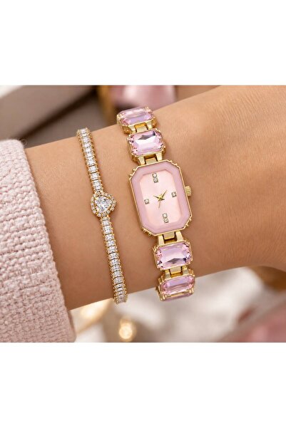 Forentina Pink Stone Gold Wrist Watch-Heart Baguette Bracelet Combination Set...