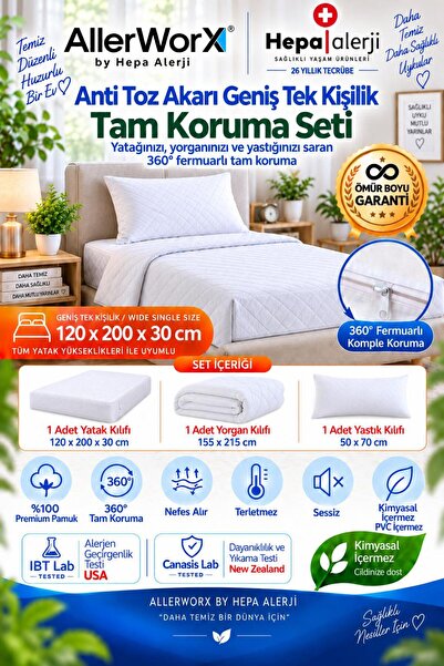 Allerworx Anti Alerjik Anti Akar Geniş Tek Kişilik Tam Koruma Seti 120x200x30...
