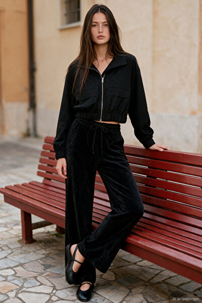 Quzu Wide-Leg Velvet Fabric Elastic Waist Trousers