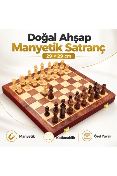 e-life shop Doğal Ahşap Manyetik Satranç Takımı 29x29 cm Katlanabilir Özel Yu...