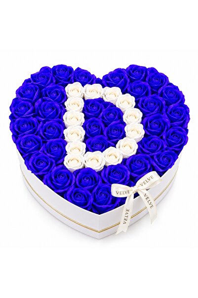 velve Aranjament personalizat cu litera, cutie inima alba, 49 trandafiri de s...