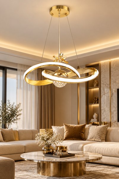 Ulucam Aydınlatma Çizgili Kar Çiçeği Gold 3 Renk LED Avize Modern Salon ve Ye...