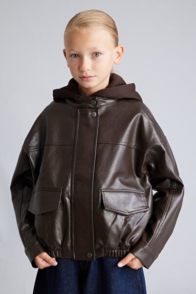 DeFacto Faux Leather Look Hooded Coat with Flap Pockets for Girls H1699A826Au