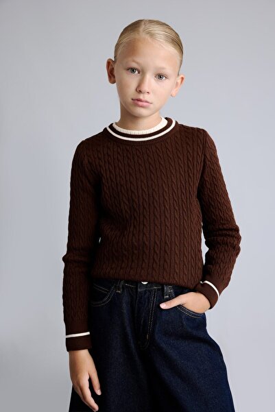 DeFacto Hair Braided Stripe Detailed Crew Neck Sweater Girls H8403A826Au