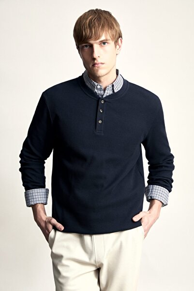 DeFacto Pamuklu Slim Fit Henley Yaka Waffle Uzun Kollu Tişört F8212AX26AU