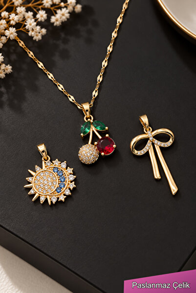 TREND COLLECTİON Değiştirilebilir Kolye Uçlu Gold Çelik Kolye Seti – 3’lü Kad...