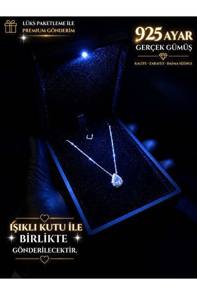 sara silver Damla Tasarım Işıklı Kutulu 925 Ayar Gümüş Taşlı Kadın Kolye Zari...