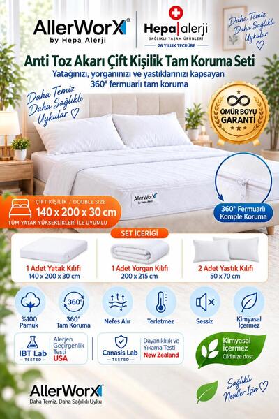 Allerworx Anti Alerjik Anti Akar Çift Kişilik Tam Koruma Seti 140x200cm Yastı...