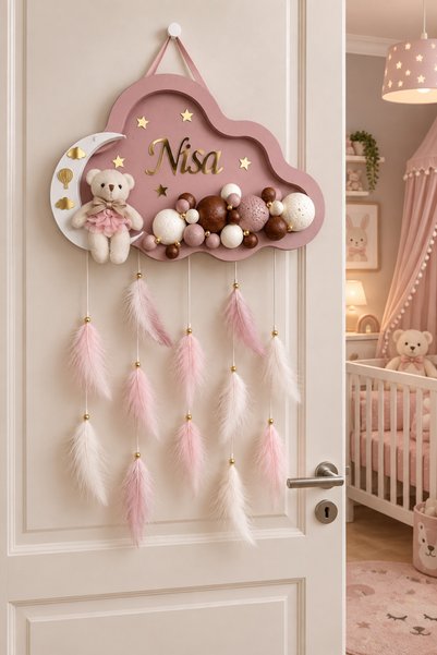 Neşeli Atölyem 40 Cm Bulut Model Ayıcıklı Kişiye Özel Bubble Bebek Kapı Süsü