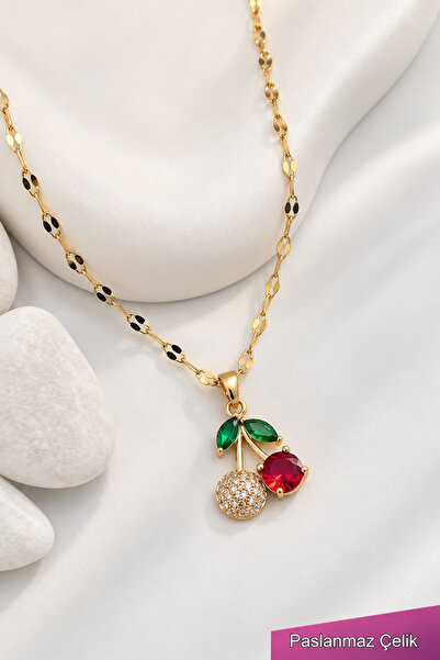 TREND COLLECTİON Kadın Paslanmaz Çelik Gold Zincir Kiraz Kolye