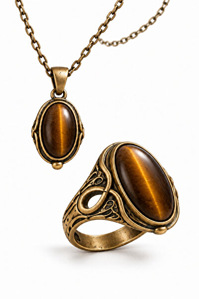 Shinestar atelier Doğal Taşlı Gold Renk Kadın Kolye ve Yüzük Seti Vintage Tas...