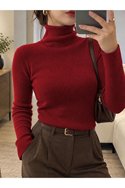 LUPERCUS unisex kırmızı trıko kazak balıkçı yaka slimfit boğzlı kazak