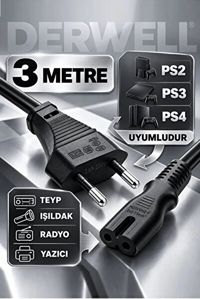 Derwell 3 Metre 3mt C7 Güç Kablosu Ps2/ps3/ps4/xbox One S/radyo/tv Işıldak Uy...