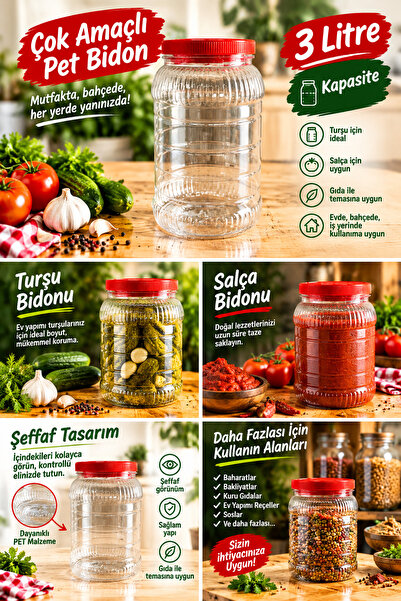 cansares Turşu Bidonu 3 Litre Minik Salça Sos Saklama Pet Bidon Plastik Şeffa...