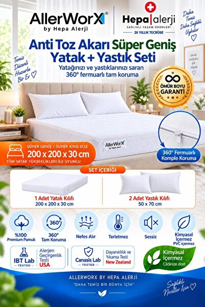 Allerworx Anti Toz Akarı Anti Alerjik Çift Kişilik Yatak ve Yastık Kılıfı 200...