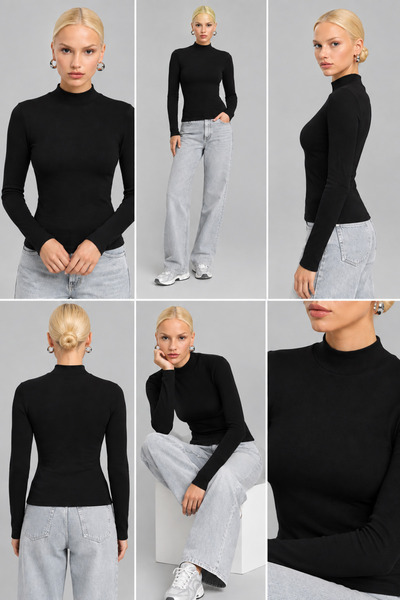 BURUTEKIN Fitted/Vücuda Oturan Dik Yaka Uzun Kol Fitilli Esnek Örme Bluz