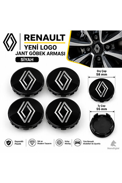 MemoDigital Renault Yeni Logo Jant Göbek arması Siyah 58 mm - 55.5 mm