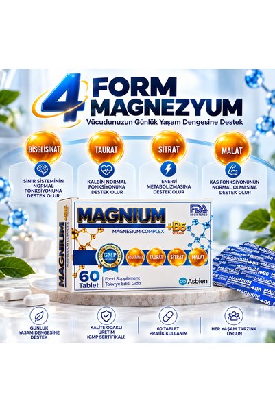 MAGNIUM Complex B6 60 Tablets Magnesium Bisglycinate, Citrate, Malate, Taurate, B6 Asbien