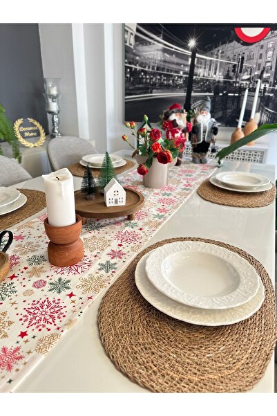 Decamor home New Year Themed Ecru Red Runner Christmas (Napkins Not Included)