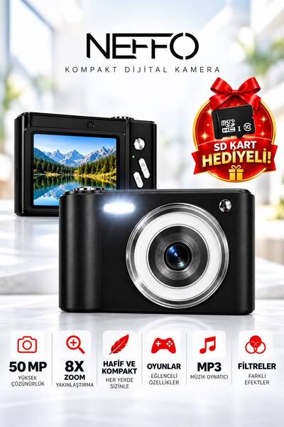 NEFFO Dijital Kamera | 50 MP 8x Zoom Hafif Kompakt Fotoğraf Makinesi (SD KART...