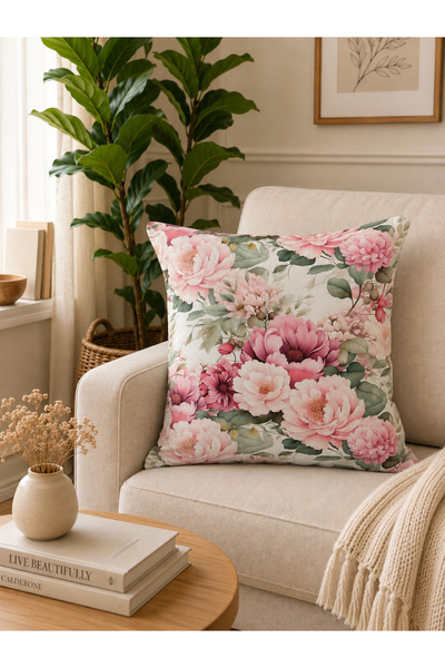 Decamor home Floral Patterned Pink Ecru Throw Pillow Cover