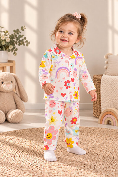 BEBEXO KIDS Kız Bebek Renkli Çiçek Ve Gökkuşağı Desenli Çıtçıtlı Uzun Kollu P...