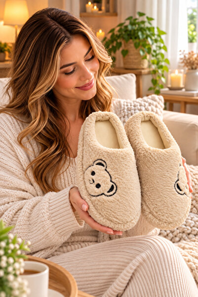 Moda Frato Fluffy Teddy Bear Patterned Women's Home Slippers Winter Wool Slip...
