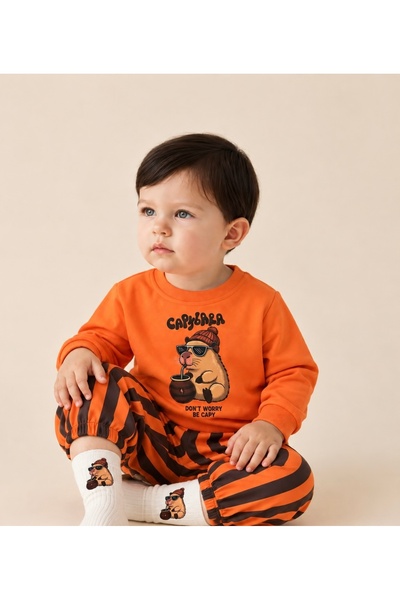 Asila Baby Capibara Baskılı Esnek Kumaş Sweatshirt Çizgili Pantolon ve Baskıl...