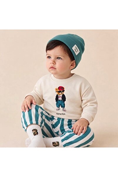 Asila Baby Tedy Ayıcık Baskılı Esnek Rahat Kumaş Sweatshirt Çizgili Beli Last...