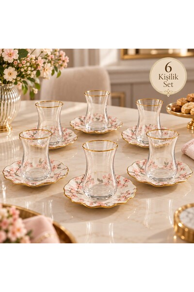 Melinova Çiçek Desenli Çay Bardağı Seti 6 Kişilik 12 Parça Bardak ve Altlık T...