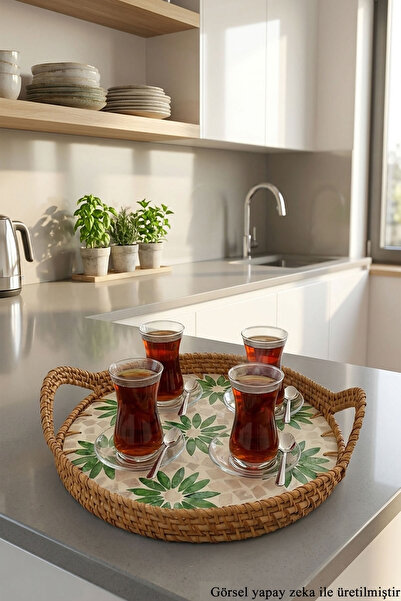 İSKA HEDİYELİK Doğal Hasır Rattan Kulplu Detaylı Yuvarlak Dekoratif Tepsi | S...
