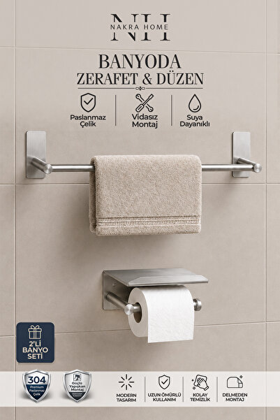 NAKRA HOME 2'li Set Paslanmaz Çelik Yapışkanlı Havlu Askısı ve Tuvalet Kağıtl...