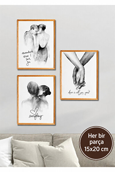 NT Handmade 3 Parça Ahşap Çerçeve Görünümlü Sevgililer Duvar Dekoru Salon Yat...
