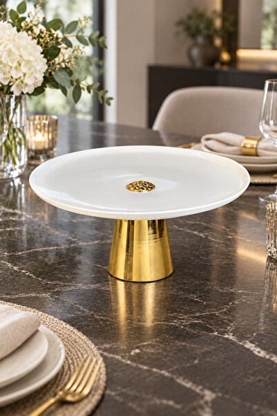MAY HOME Porselen Gold Metal Ayaklı Tabak & Pasta Kek Kurabiye Sunumluğu Serv...