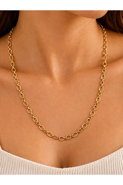 hand shey Dokulu Oval Halka Zarif Altın Kaplama Kolye | VIP Özel Seri | 50 Cm