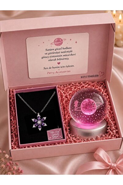 Perry Accesories Kararmaz Mor Çelik Lotus Kolye Ve 3d Satürn Kız Kar Küresi R...